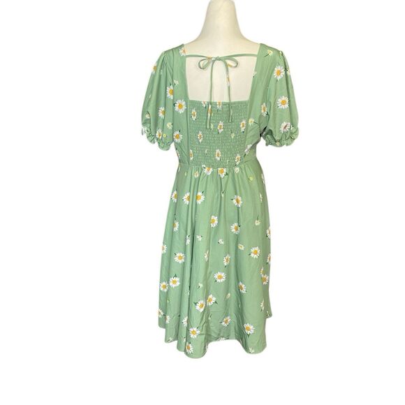 Belle Poque A Line Fit & Flare Green Daisy Midi Dress Womens XL Pockets Smocked - Picture 2 of 9